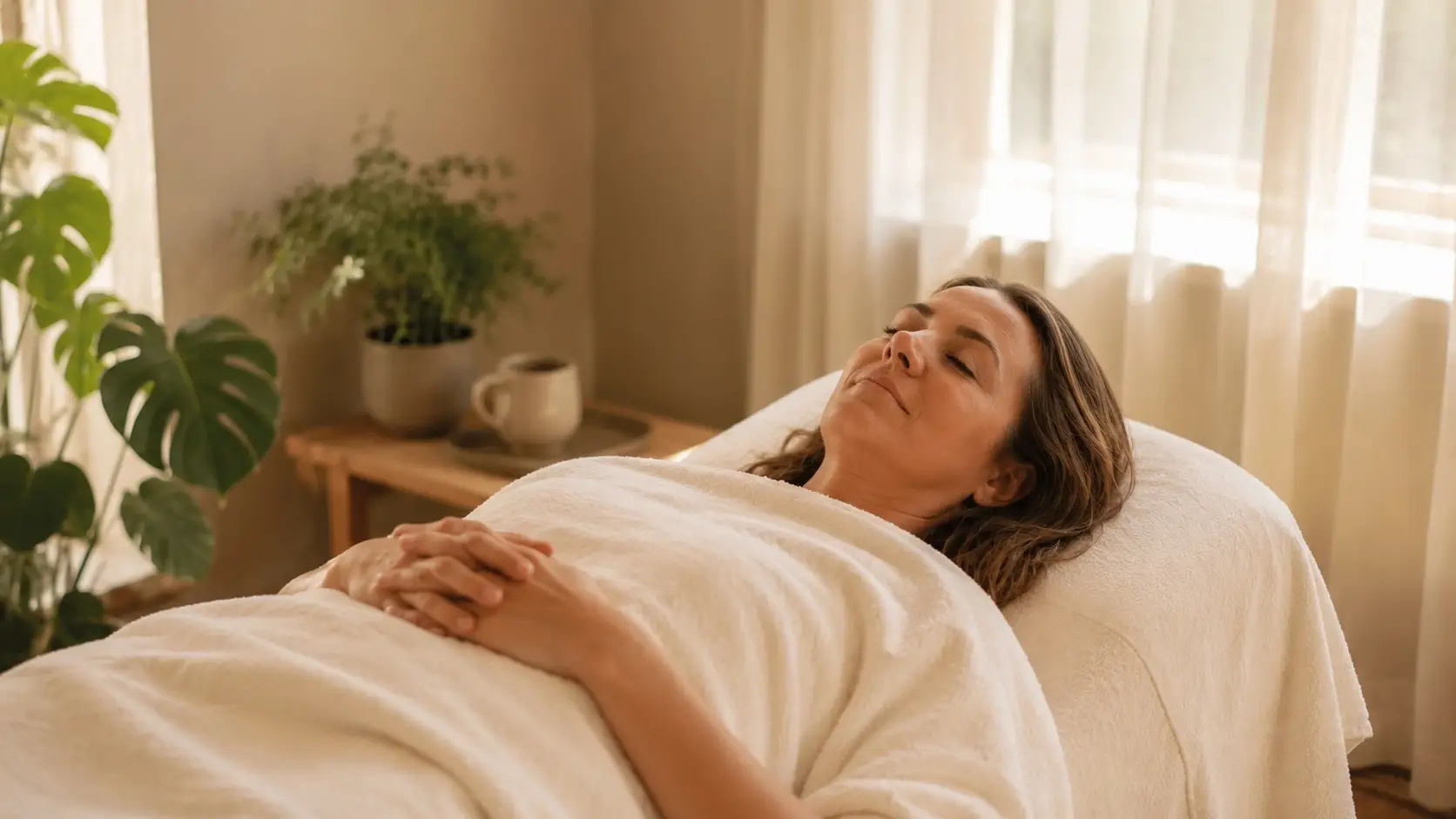 Woman resting during a calming wellness treatment at an integrative clinic in San Diego focused on stress relief, hormonal support, and nervous system care.