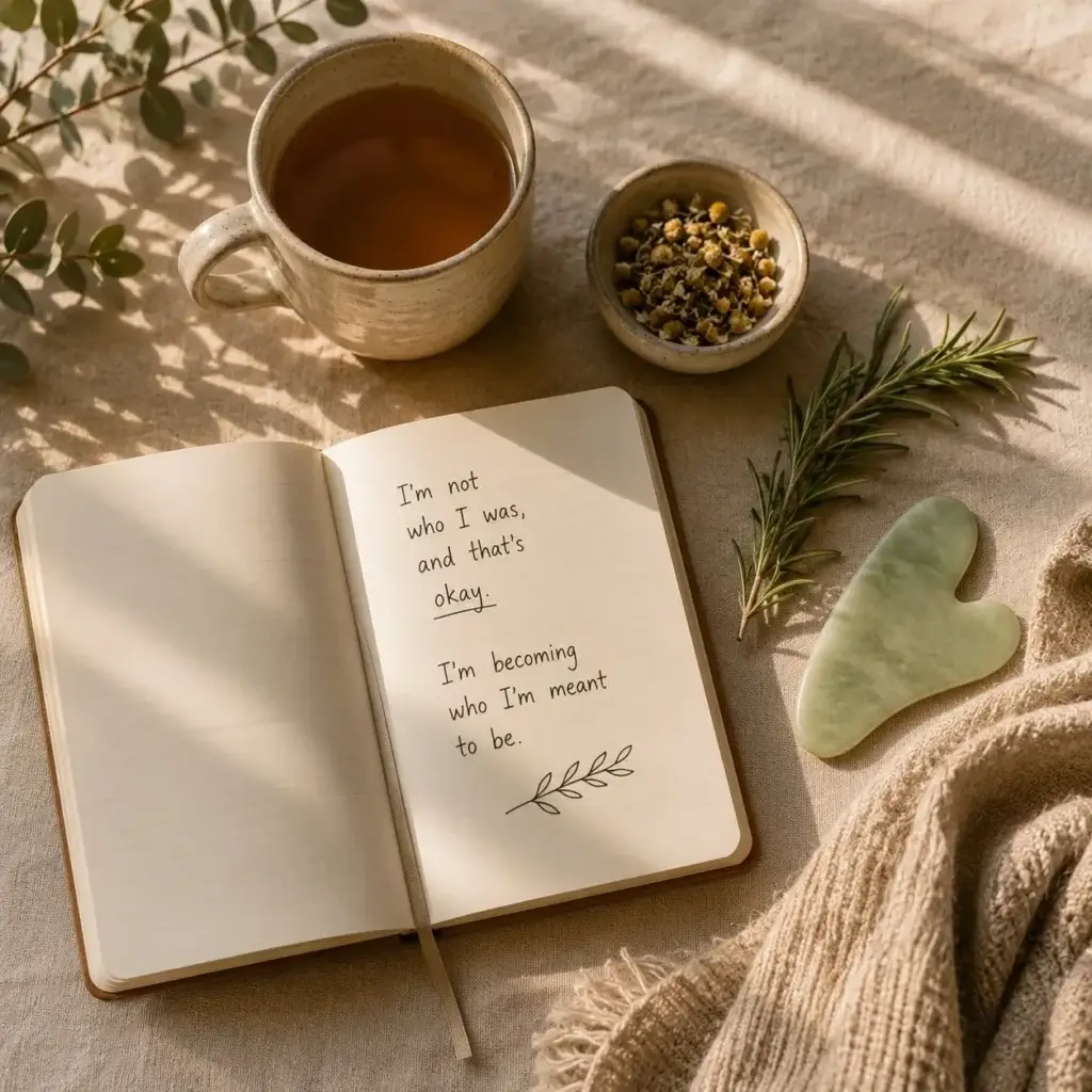 Journal, herbal tea, jade gua sha tool, and calming wellness rituals supporting hormone balance, stress reduction, and restorative sleep during perimenopause.