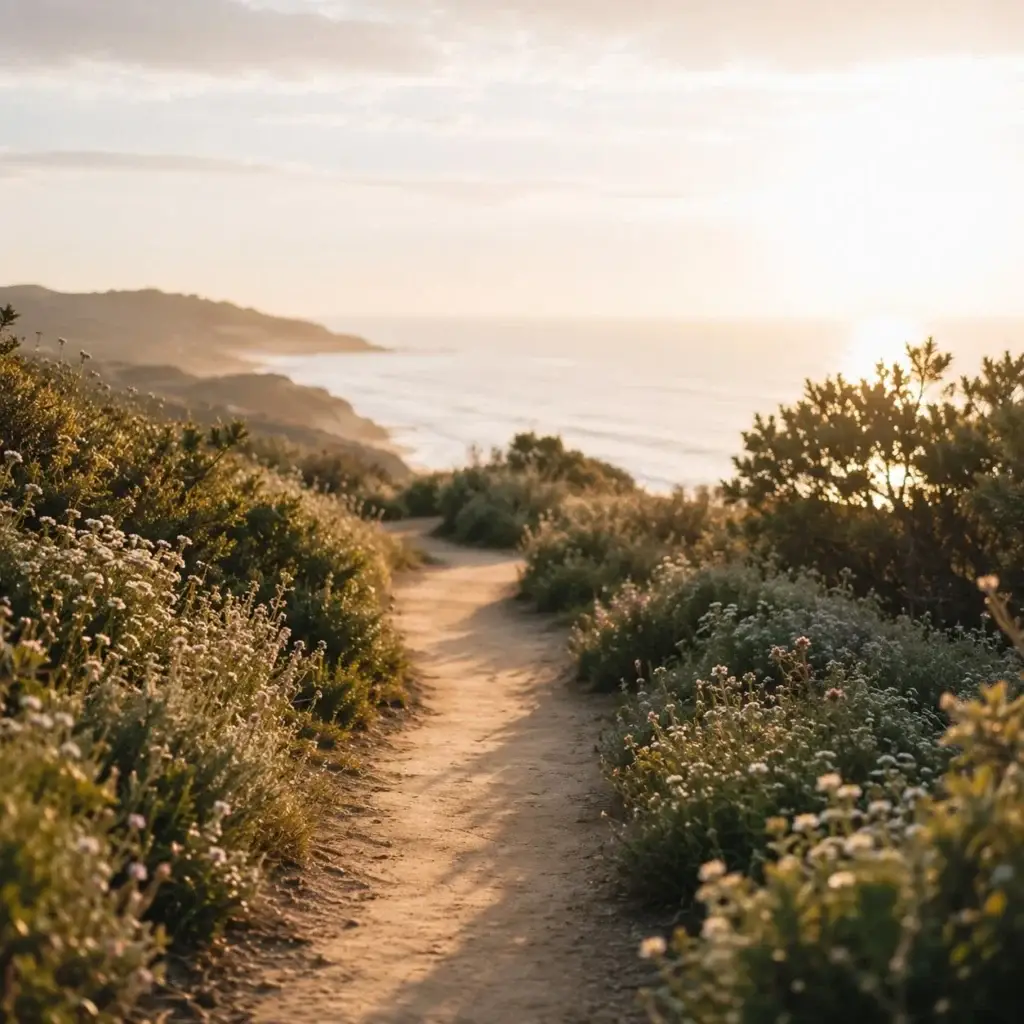 Sunlit coastal walking path in San Diego representing a slower, restorative approach to perimenopause, stress recovery, and nervous system healing.