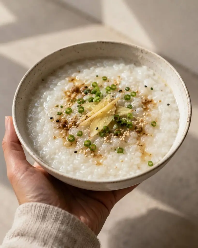 Warm late summer congee with ginger and squash for digestion